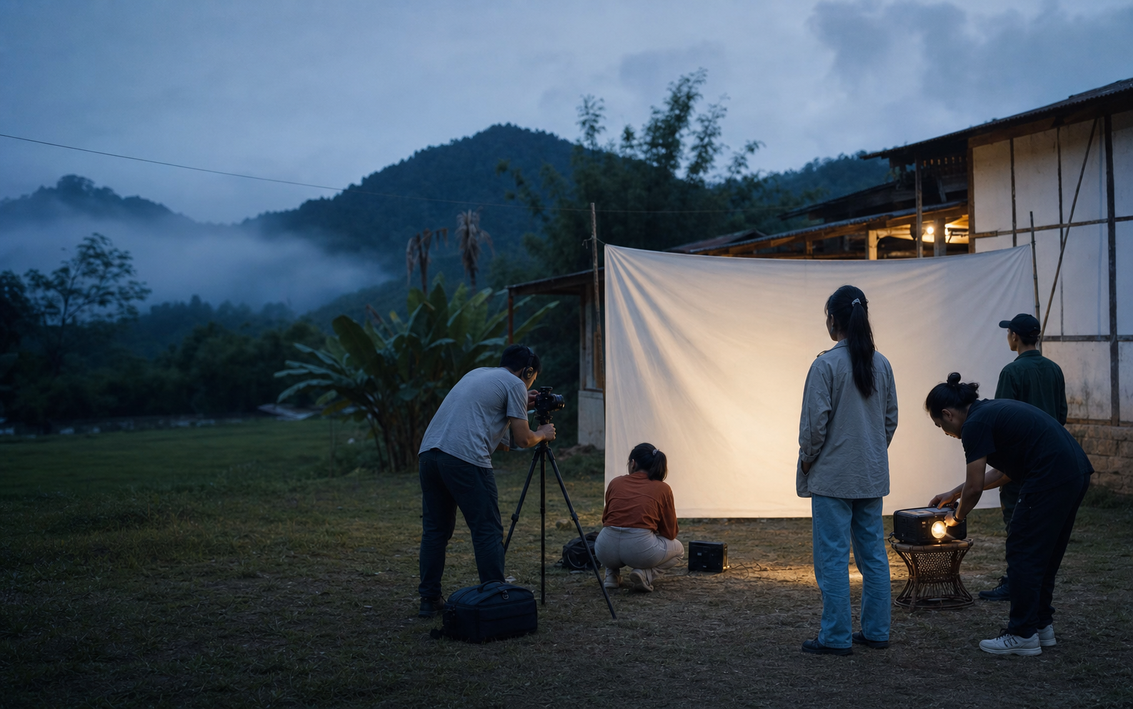A young film crew preparing a portable outdoor screening in Northeast India